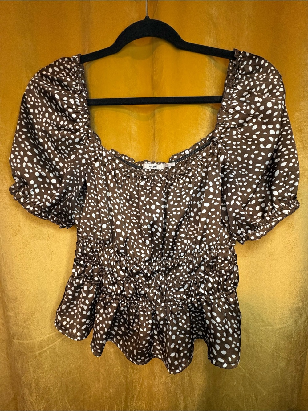 miami Brown and White Puff-Sleeve Peplum Top